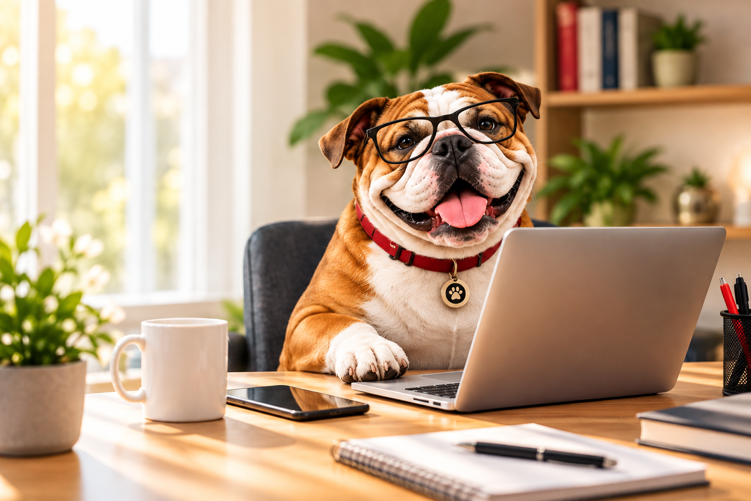 DawgsWeb bulldog working at a laptop