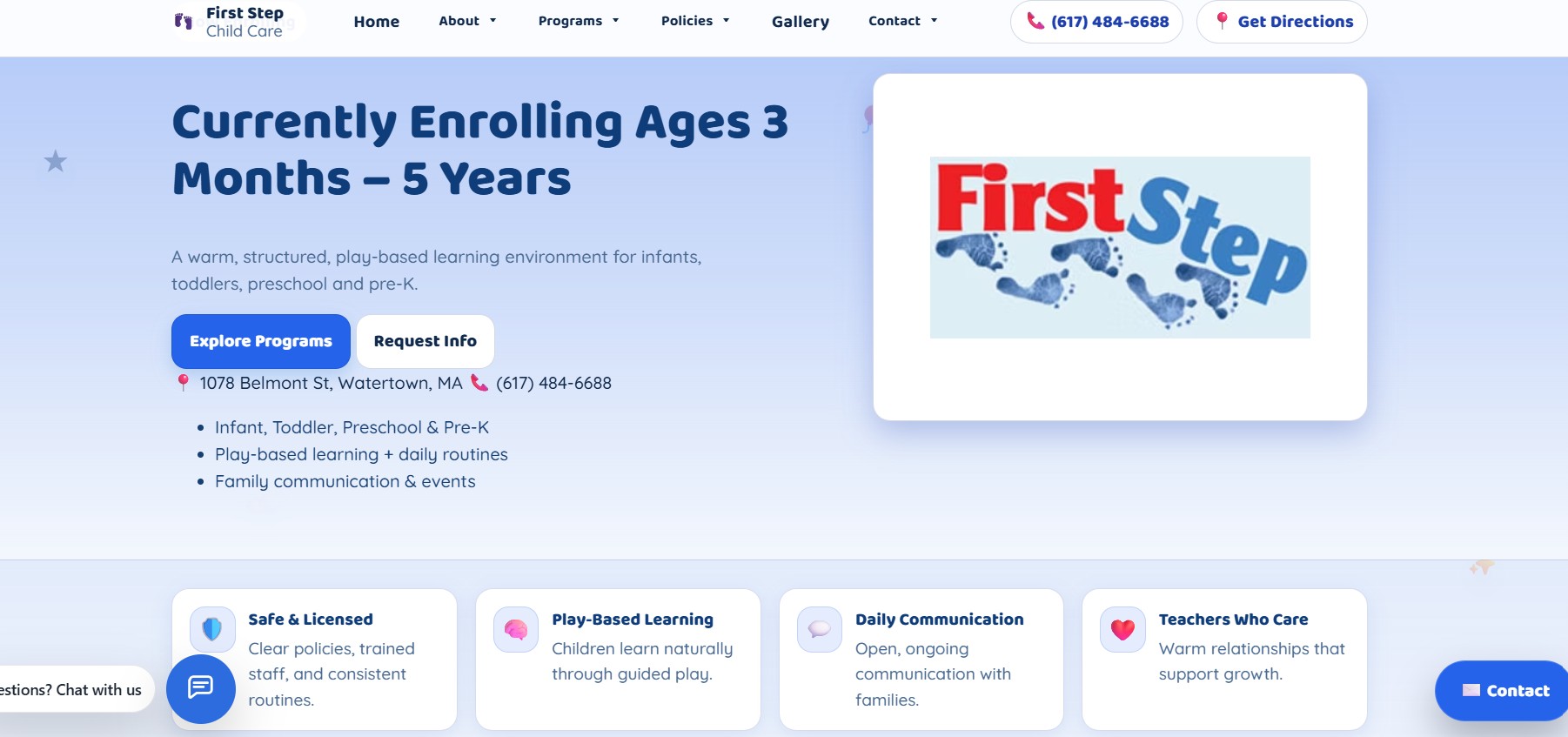 First Step Child Care website homepage